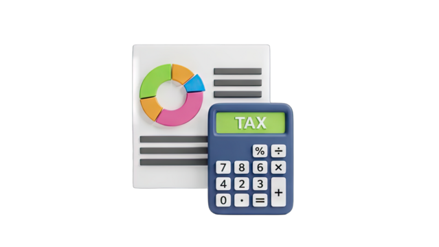 3D Icon Of A Pie Chart And A Calculator With The Word Tax Displayed On Its Screen Isolated On A Transparent Background - Powered by Adobe