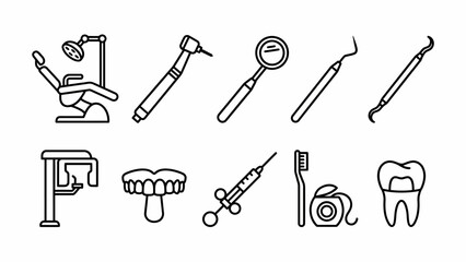Obraz premium Isometric Dental Care Icons: Dentistry Equipment and Tools Line Art - Oral Hygiene, Teeth Health, and Medical Treatment Concepts