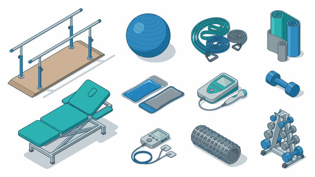 Isometric Physical Therapy Equipment Set: Rehab, Exercise, Treatment. Medical Illustration for Healthcare, Wellness, & Recovery Concepts.
