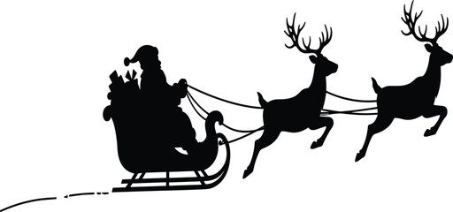 Santa sleigh silhouette, flying reindeer sketch, Christmas festive art, holiday gift scene, black and white seasonal illustration © Zakia