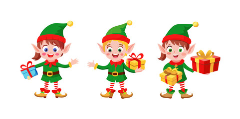 Fototapeta premium set of Christmas elf character Isolated on transparent background. Smiling elf. Happy elf with gift .vector icon