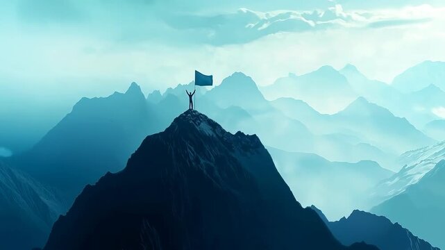 Climber reaching the top of a mountain, raising a flag to celebrate victory over a foggy landscape - Powered by Adobe