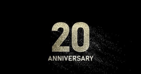 20 years anniversary, glitter numbers, gold shimmer particles falling from number twenty, jubilee or birthday celebration, footage