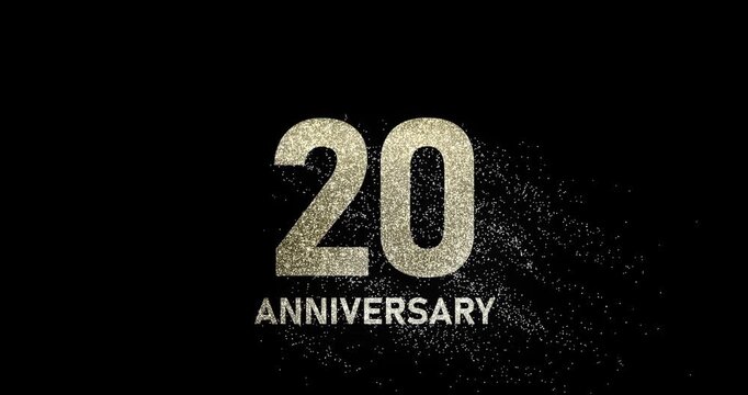 20 years anniversary, glitter numbers, gold shimmer particles falling from number twenty, jubilee or birthday celebration, footage