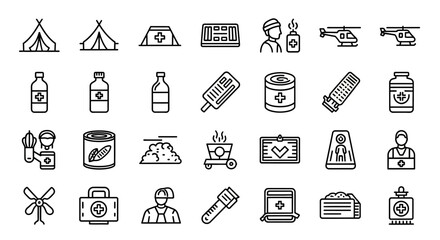 Collection of disaster relief and humanitarian aid icons.