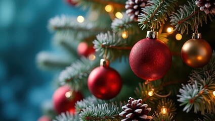 Fototapeta premium Christmas pine branch adorned with baubles and warm lights ideal for seasonal campaigns and winter visuals