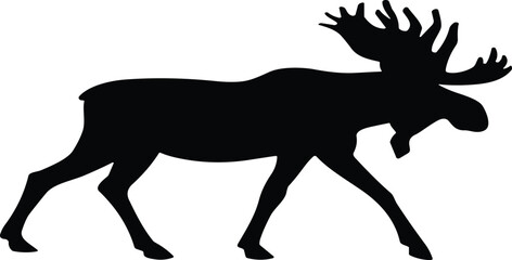 Silhouette of moose walking with large antlers, wildlife animal illustration, North American fauna, forest nature symbol, powerful mammal outdoor design