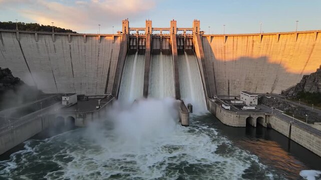 Wide dam gates release rushing water into a turbulent basin beneath warm sunset light. concrete glow