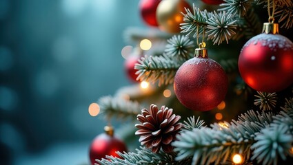 Christmas ornament close-up featuring red bauble and pine cone with warm bokeh for seasonal greeting card backgrounds