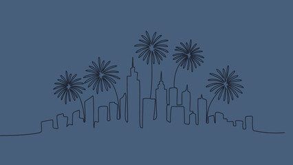 minimalist city skyline with fireworks drawing in dark blue tones © Azizi