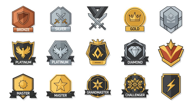 Collection of Game Ranking Badges and Medals for Achievement.