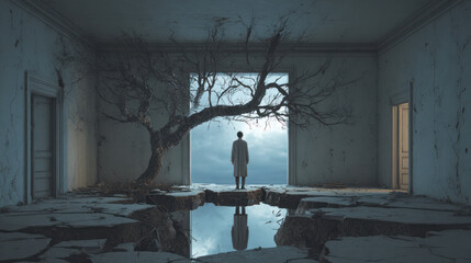 lone figure standing in ruined room with twisted dead tree growing from cracked floor and water