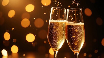 Elegant bubbles rising in champagne glasses during celebration perfect for holiday, anniversary, and event marketing designs