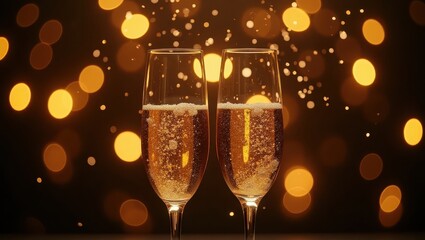 Sparkling champagne clink with warm lights ideal for festive branding, celebration ads, and New Year's Eve materials