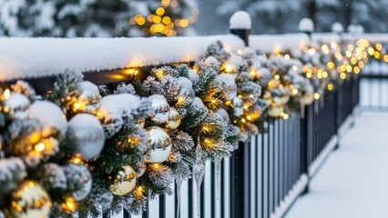 Winter Wonderland Festive Outdoor Christmas Decorations on a Snowy Railing with Warm Lights.