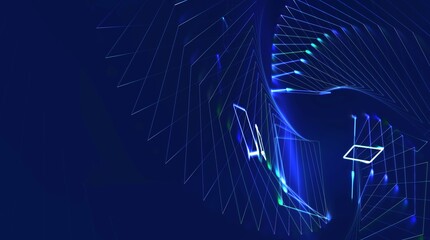 dynamisches geometrisches Muster mit leuchtenden Linien in verschiedenen Farben in spiralförmigen Anordnung, Technologie, Daten, Internet, Wissenschaft, Produktion, 3D, Forschung, Industrie, blau 