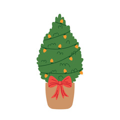 potted Christmas tree decorated with bow and lights; perfect for holiday cards, seasonal decorations, backgrounds, and festive graphic design projects- vector illustration