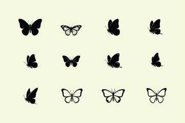 Collection of delicate black silhouette butterflies arranged in a grid pattern on a pale background