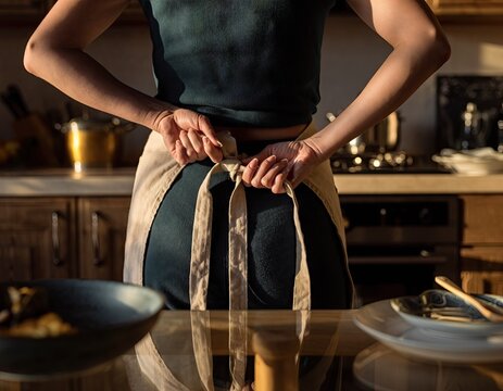 Woman Tying Apron In Warm Kitchen Lighting Preparing Food At Sunset Domestic Scene