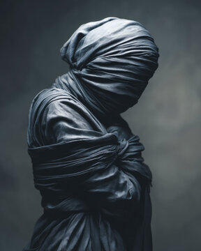 figure tightly wrapped in thick dark gray cloth restricting movement and visibility