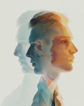double exposure profile portrait of a man with multiple overlapping transparent faces