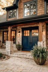 Naklejka premium Warm light shines on a rustic house entrance with stone walls and wooden accents, featuring blue doors and potted plants in the evening