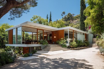 Modern house sits among trees in a sunny location with steps leading to the entrance and greenery surrounding the structure in a quiet neighborhood