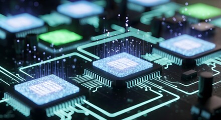 Abstract Close-up of a Dark Circuit Board with Glowing Blue and Green Central Processing Units Representing AI, Technology, and Big Data