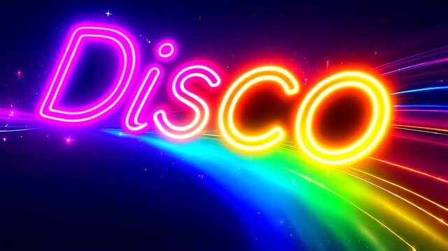 Colorful neon Disco word on a rainbow light trail with glowing stars