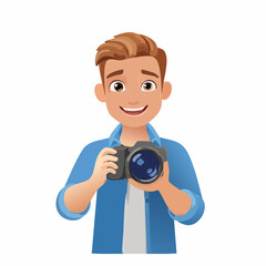Young Man Smiling Happily While Holding a Digital Camera