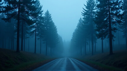 Mystical Forest Road: A misty, tranquil road disappears into a dense forest of tall, towering trees, creating a sense of wonder and serenity. 