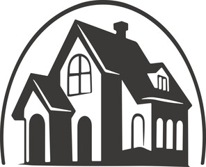 Stylized house silhouette illustration with pitched roof, chimney, arched doorway, windows, real estate architecture property vector logo design branding