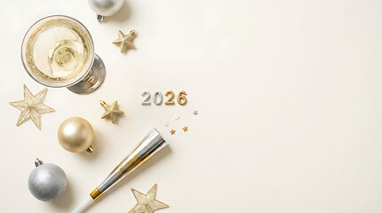 Celebratory New Year 2026 Composition with Champagne, Decorations, and Festive Elements on White Background