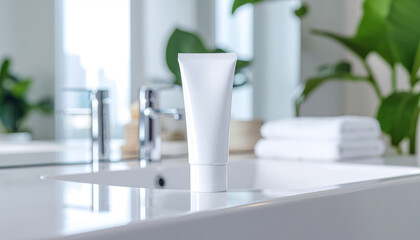 清潔感のある洗面台に置かれた白い化粧品チューブのモックアップ｜スキンケア・洗顔料・美容クリームなどの広告や商品紹介に最適なライフスタイルイメージ
White cosmetic tube mockup on clean bathroom sink｜Ideal lifestyle visual for skincare, facial cleanser and beauty cream product