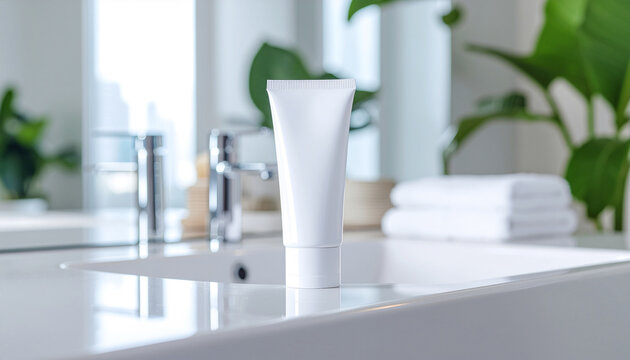 清潔感のある洗面台に置かれた白い化粧品チューブのモックアップ｜スキンケア・洗顔料・美容クリームなどの広告や商品紹介に最適なライフスタイルイメージ
White cosmetic tube mockup on clean bathroom sink｜Ideal lifestyle visual for skincare, facial cleanser and beauty cream product