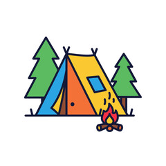 Colorful Camping Tent with Fire and Evergreen Trees, Cartoon Style Illustration.