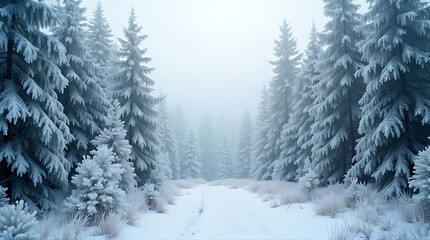 Winter Wonderland Path: A serene path winds through a snow-covered forest, the towering trees gracefully draped in frost, creating a scene of unparalleled natural beauty.