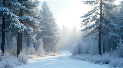 Winter Wonderland: A serene winter landscape, with frosted trees casting a spell of calm, beckoning viewers into a world of pure white and frosted beauty.