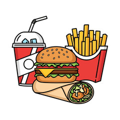 Colorful cartoon fast food combo with a cheeseburger, fries, soda, and a chicken wrap.