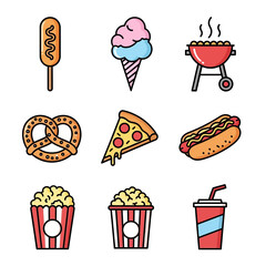 Colorful cartoon fast food and snack icon set with pizza, hot dog, popcorn, and a barbecue grill.