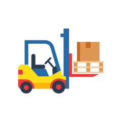 Colorful Cartoon Forklift Truck Lifting a Cardboard Box on Pallet.