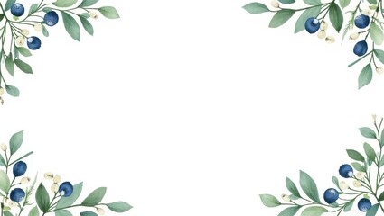 Watercolor botanical border with blue berries and leaves suitable for invitations, posters, and modern minimal stationery