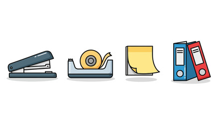 Colorful cartoon office supplies set - stapler, tape dispenser, sticky notes, and binders in flat design style.