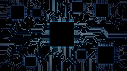 Abstract Blue Digital Circuit Board Background with Central Microchip Processor and Wiring