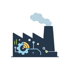 Industrial factory with smoke emission and technology icons