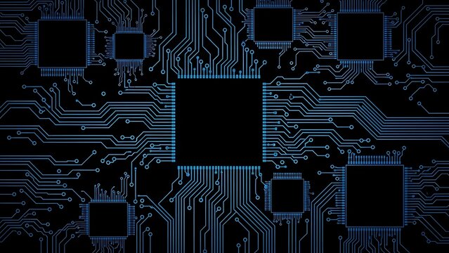 Abstract Blue Digital Circuit Board Background with Central Microchip Processor and Wiring