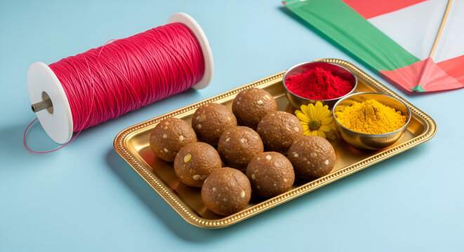 happy Makar Sankranti Festival - Tilgul or Til ladoo in a bowl or plate with haldi kumkum and flowers with Fikri /Reel/Chakri /Spool with colourful thread or manjha and kite over plain