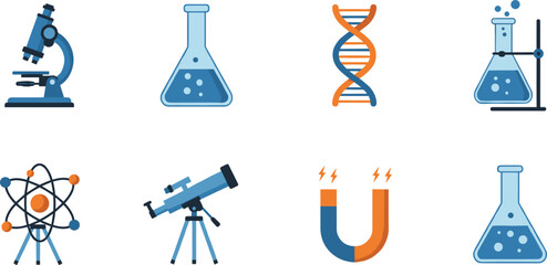 Science equipment icons including microscope, DNA helix, laboratory flask, telescope, atom model, magnet, chemistry tools, cad drawing flat vector illustration