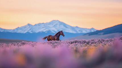 Dynamic shot of powerful brown horse galloping freely through vibrant lavender sagebrush field during stunning sunrise, silhouetted against majestic snow-capped mountains under colorful sky.