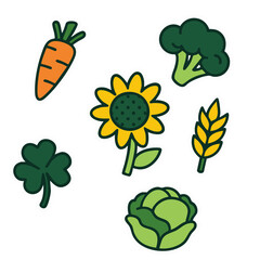 Vector illustration of garden vegetables and flowers, featuring carrot, sunflower, lettuce, and other fresh, colorful botanical elements.